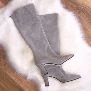 Spain Made Grey Suede Knee-high Pointed-Toe Boots